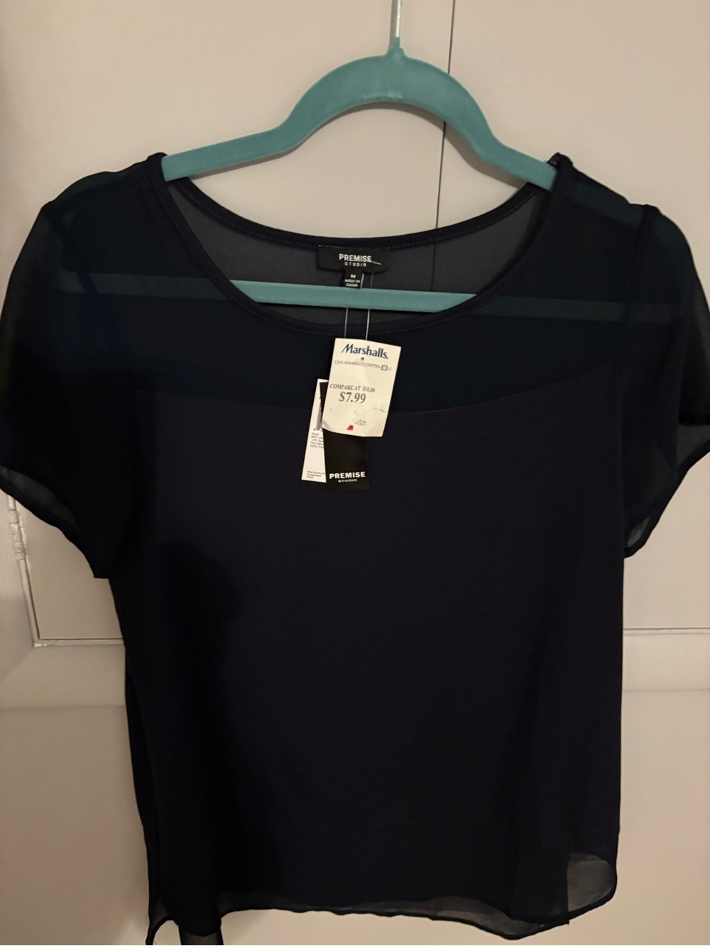 Premise Navy Short Sleeve Sheer Yoke Blouse
